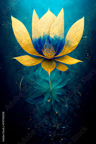 Yellow blue flower on a blue floral background. Watercolor flowers, side view, place to copy text. Illustration of flower.