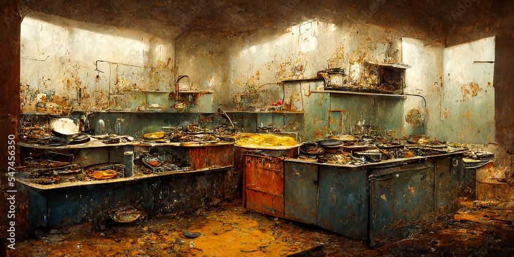 The dirty, unhealthy kitchen of a bad restaurant has an unremarkable horizontal decoration consisting of dirty walls and greasy utensils.