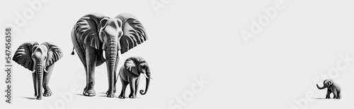 Horizontal banner with elephant family on white background. Template for design for the protection of animals in Africa. Cute scene with the baby elephant and his mother.