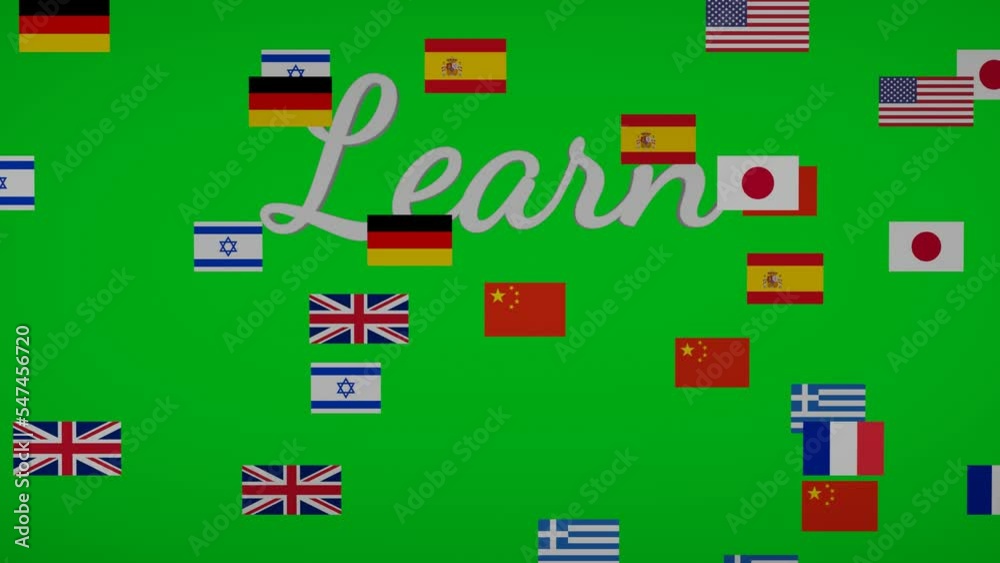 Learn languages billboard on green screen with flying flags, language study offer, education advertising, language school Learn languages billboard on green screen with flying flags, language study offer, education advertising, language school