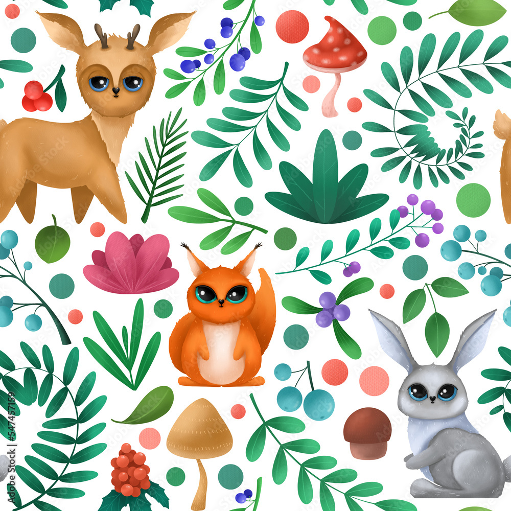 Naklejka premium Seamless pattern with cute forest animals. Children's illustration.
