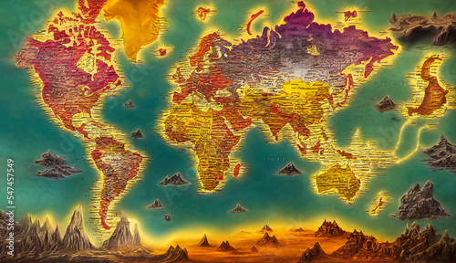 Futuristic world map of an unknown civilization with fantasy mountains and islands, in video game style