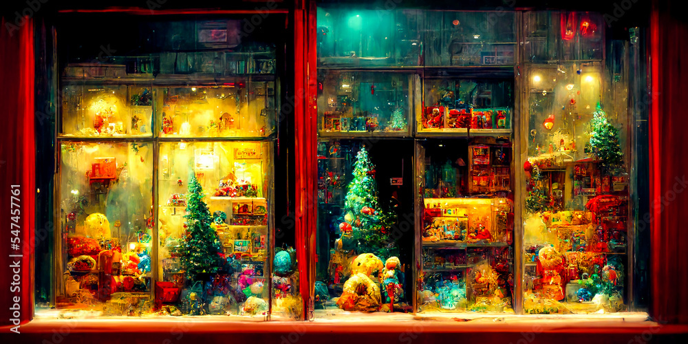 A brightly decorated Christmas toy store window is a great way to add some festive cheer to any room. This retro style store front is very colorful and will draw the eye of passersby.