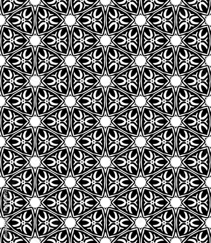 Black and white seamless abstract pattern. Background and backdrop. Grayscale ornamental design. Mosaic ornaments. Vector graphic illustration. EPS10.