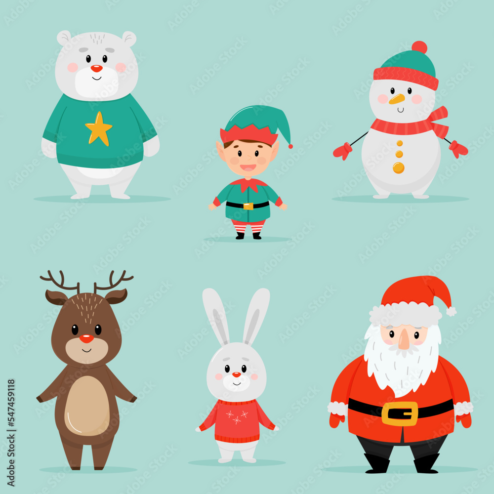 Set of funny Christmas characters. Christmas characters. Collection with Santa Claus, elf and cute animals