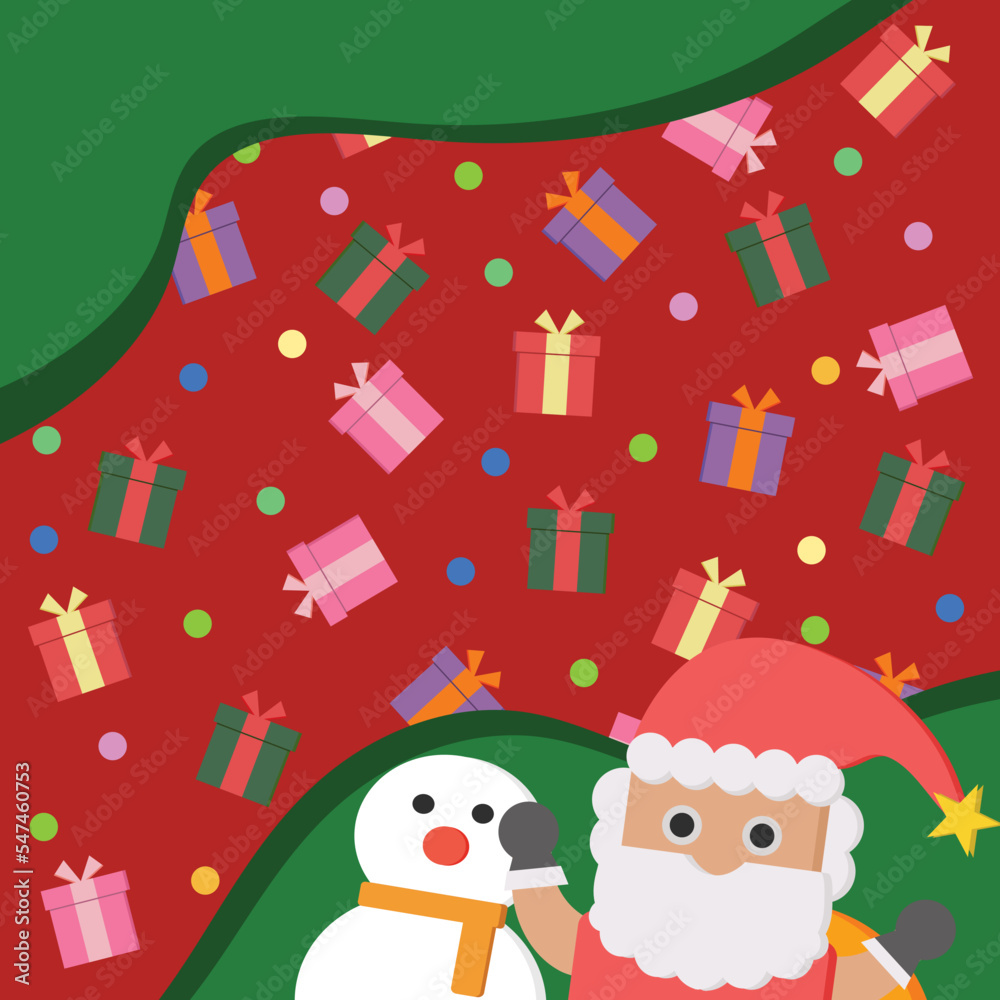 Christmas day red green background vector joyful love group of gift box , santa claus , snowman for shopping online banner decoration christmas day santa claus gift box snowman design illustration.