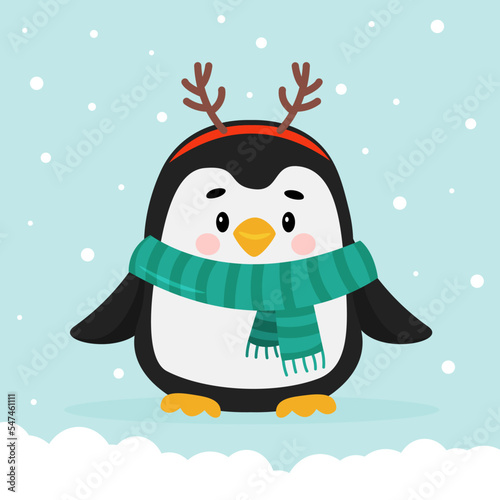 Christmas penguin with scarf and deer antlers on the background of snow