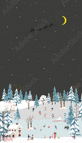 Winter scene with snowy playing kids in the park in small Village,Vector cute cartoon Wonderland forest landscape at Christmas night, Vertical greeting card or Banner for Christmas or New Year 2023