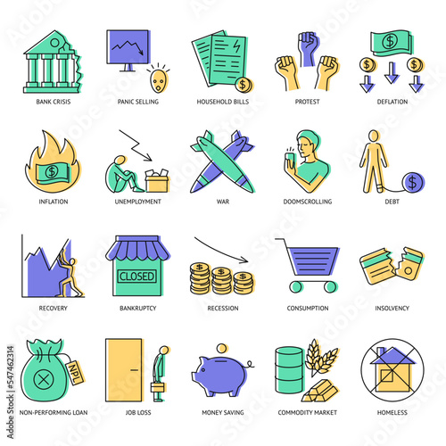 Economic crisis icon set in line style