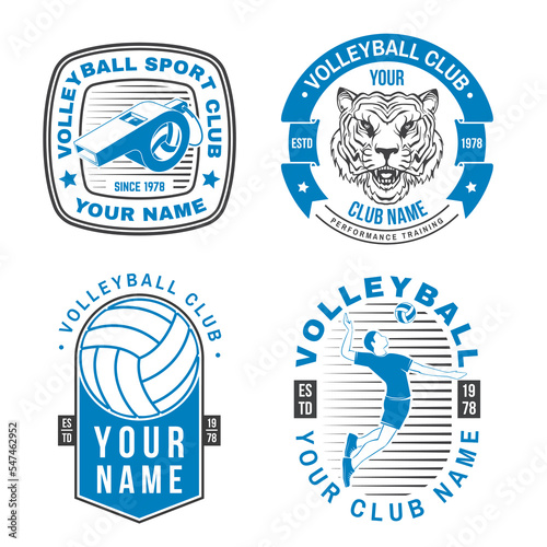 Set of volleyball club badge design. Vector illustration. For college league sport club emblem, sign, logo. Vintage monochrome label, sticker, patch with volleyball ball, player, net and referee