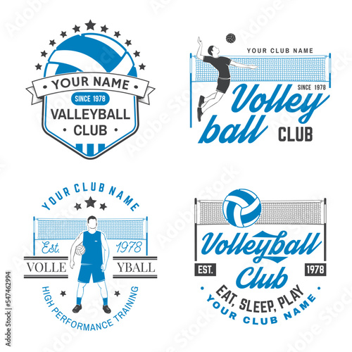 Set of volleyball club badge design. Vector illustration. For college league sport club emblem, sign, logo. Vintage monochrome label, sticker, patch with volleyball ball, player, net and referee