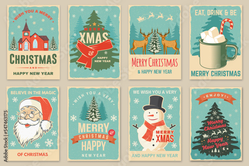 Set of Merry Christmas and Happy New Year poster, flyer, greeting cards. Set quotes with snowflakes, Santa Claus face and Catholic Church . Vector. Design for xmas, new year emblem.