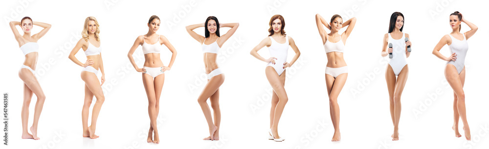 Young, fit, happy and beautiful blond woman in white swimsuit isolated on white background - set collection. Healthcare, diet, sport and fitness. Young, fit, happy and beautiful blond woman in white swimsuit isolated on white background - set collection. Healthcare, diet, sport and fitness.
