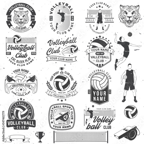 Set of volleyball club badge design. Vector illustration. For college league sport club emblem, sign, logo. Vintage monochrome label, sticker, patch with volleyball ball, player, net and referee