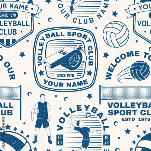 Set of volleyball sport club seamless pattern. Vector illustration. Concept for sport pattern background or wallpaper with volleyball ball, player, net and referee whistle silhouettes.