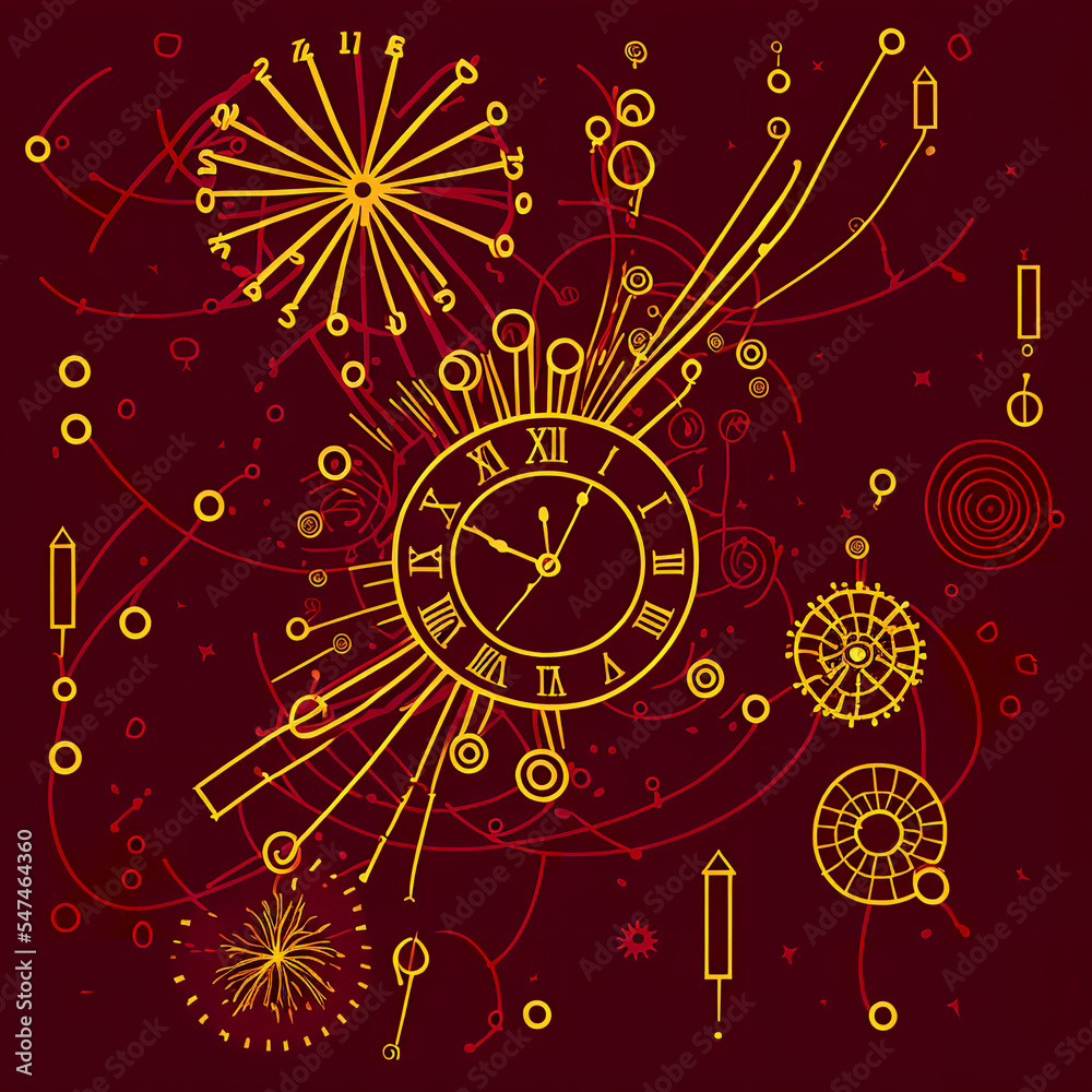 illustration of a wine and symbols, celebration, New Year, gold line on  dark red burgundy background