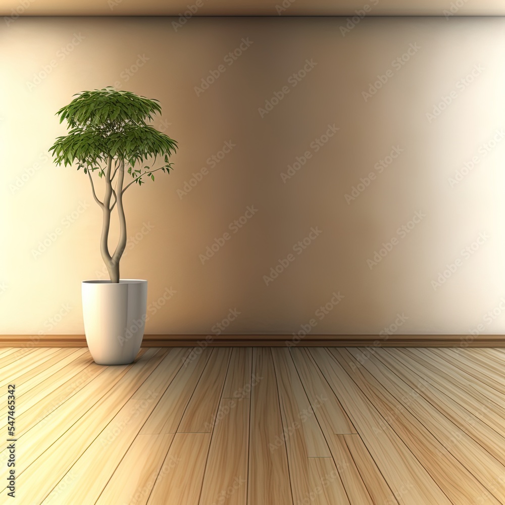 3D rendering of modern empty room interior .Plant pot. Parquet floor 3D rendering of modern empty room interior .Plant pot. Parquet floor