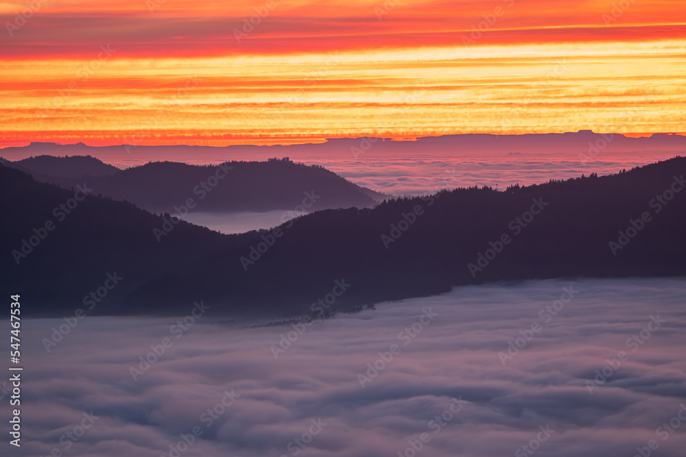 View over the Murg Valley to Merkur Mountain and Hohenbaden Castle during an inversion weather situation in the Black Forest