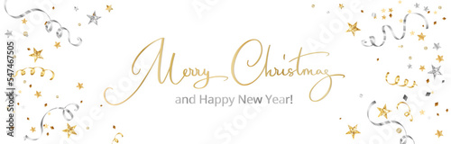 Christmas decoration banner. Merry Christmas hand drawn text. Falling confetti, festive glitter border. Golden and silver frame. For New Year and winter holiday cards, headers, party flyers. Vector.