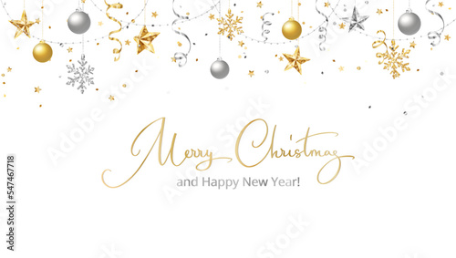 Christmas banner. Gold and silver decoration. Elegant Merry Christmas calligraphy. Holiday border, frame. Festive vector background. Garland with glitter stars. For New Year headers, party posters