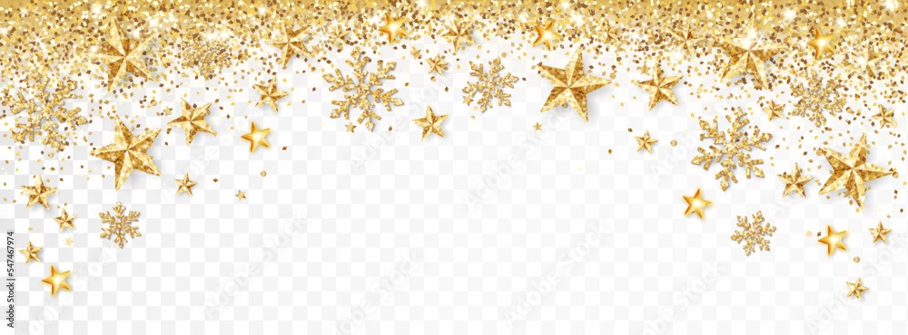 Holiday golden decoration. Falling glitter dust, stars and snowflakes. Christmas border. Festive winter vector background. For New Year headers, banners, party posters.