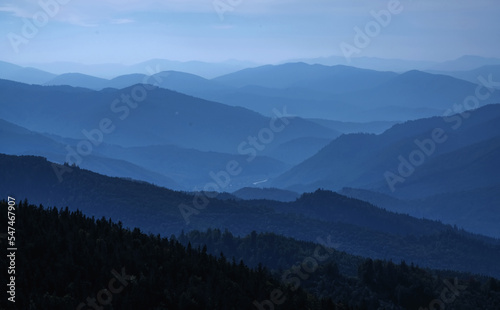 High peaks of beautiful dark blue mountain range landscape with fog and forest. Horizontal image. © zwiebackesser