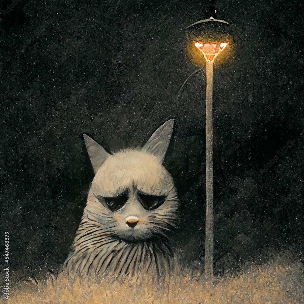 Sad Cat Under a Streetlight in the Rain. Spooky, Lantern, Storm, Light, Kitty, Gloomy