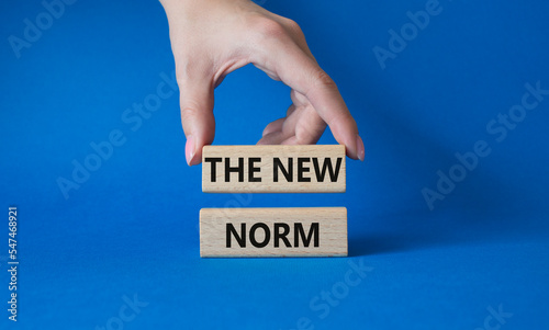 The new norm symbol. Concept words The new norm on wooden blocks. Beautiful blue background. Businessman hand. Business and The new norm concept. Copy space.