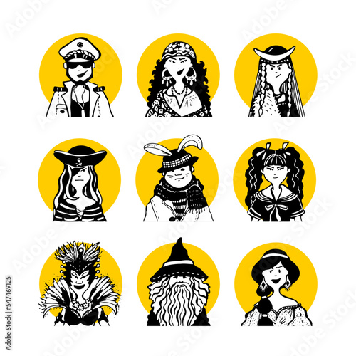 Christmas carnival costumes 5 comic doodle style people faces, characters avatar in yellow circle. New Year, captain, gypsy, viking, pirate, hare, japanese, schoolgirl, brazil, sorcerer, princess
