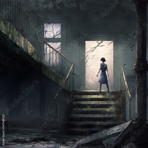 female zombie standing on stairs in abandoned house, digital art style, illustration painting