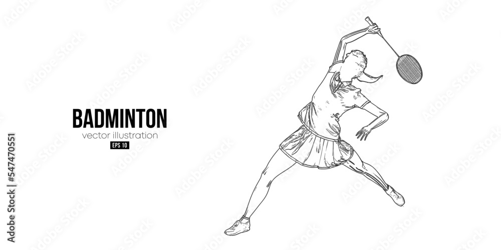 Abstract silhouette of a badminton player on white background. The badminton player woman hits the shuttlecock. Vector illustration