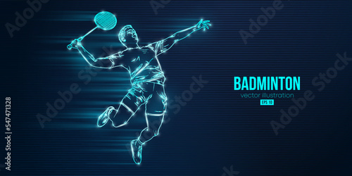 Abstract silhouette of a badminton player on blue background. The badminton player man hits the shuttlecock. Vector illustration © Yevheniia