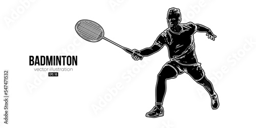 Abstract silhouette of a badminton player on white background. The badminton player man hits the shuttlecock. Vector illustration