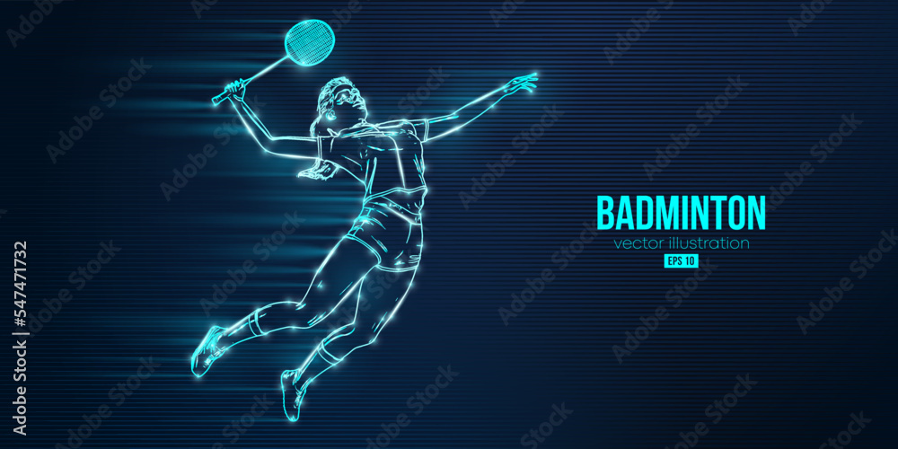 Abstract silhouette of a badminton player on blue background. The badminton player woman hits the shuttlecock. Vector illustration Abstract silhouette of a badminton player on blue background. The badminton player woman hits the shuttlecock. Vector illustration