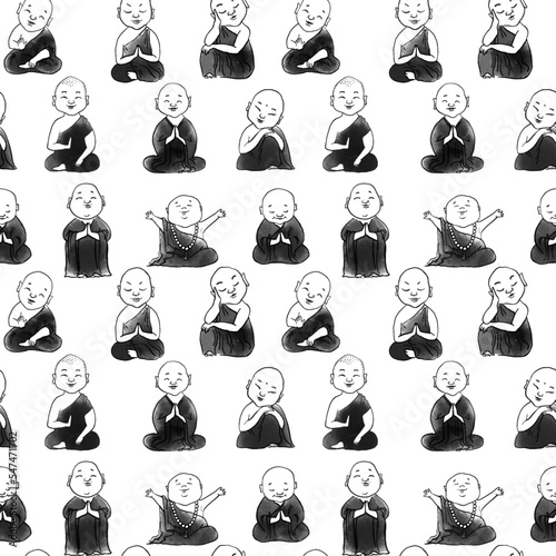 Seamless pattern with cute cartoon buddhist monks. Can be used for wallpaper, pattern fills, textile, web page background, surface textures