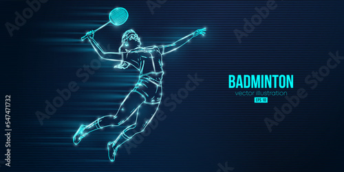 Abstract silhouette of a badminton player on blue background. The badminton player woman hits the shuttlecock. Vector illustration © Yevheniia