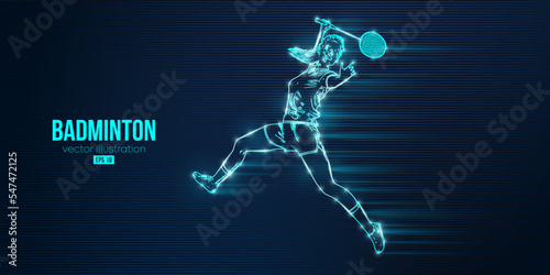 Abstract silhouette of a badminton player on blue background. The badminton player woman hits the shuttlecock. Vector illustration © Yevheniia
