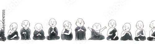 Seamless pattern with cute cartoon buddhist monks. Can be used for wallpaper, pattern fills, textile, web page background, surface textures.