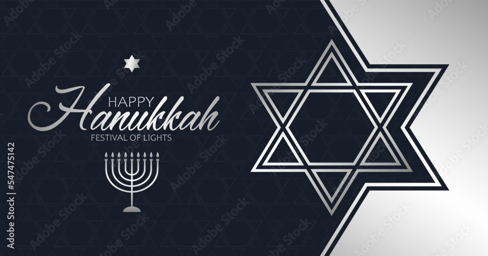 Φωτογραφία Celebration illustration with gsilver text Happy Hanukkah, chandelier and star of David on the dark blue background for Hanukkah Jewish holiday