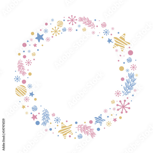 Circle frame with stars, snowflakes, confetti, spruce branch. Merry Christmas doodle vector illustration