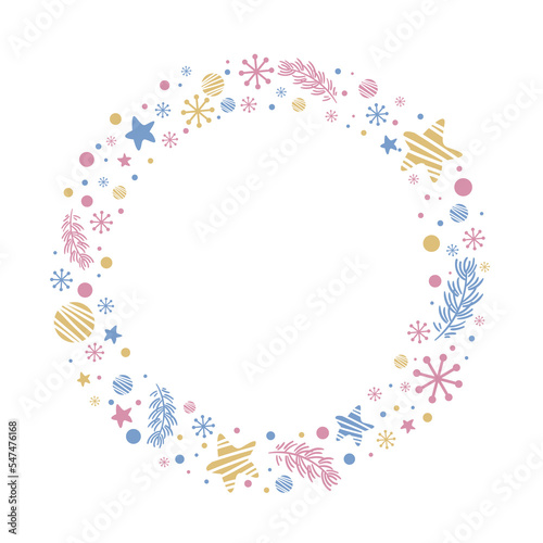 Circle frame with stars, snowflakes, confetti, spruce branch. Merry Christmas doodle illustration on transparent background