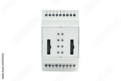 The electric drive control unit with overload control is isolated on a white background. The device is magnetic contactors, for power control photo