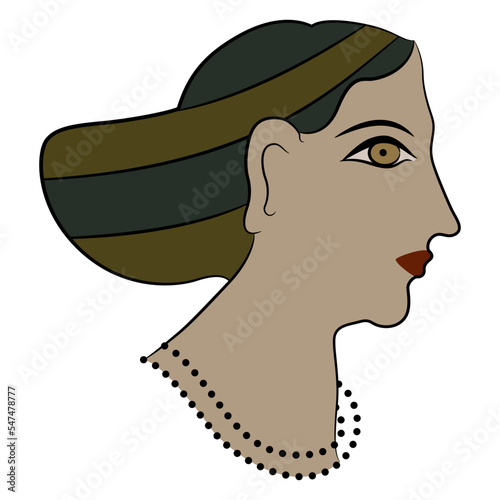 Pretty woman. Female portrait in profile. Helen of Troy. Head of a lady or goddess from Acrotiri. Thera island. Cyclades, Greece. Isolated vector illustration. Ancient Greek Cretan Minoan art. photo