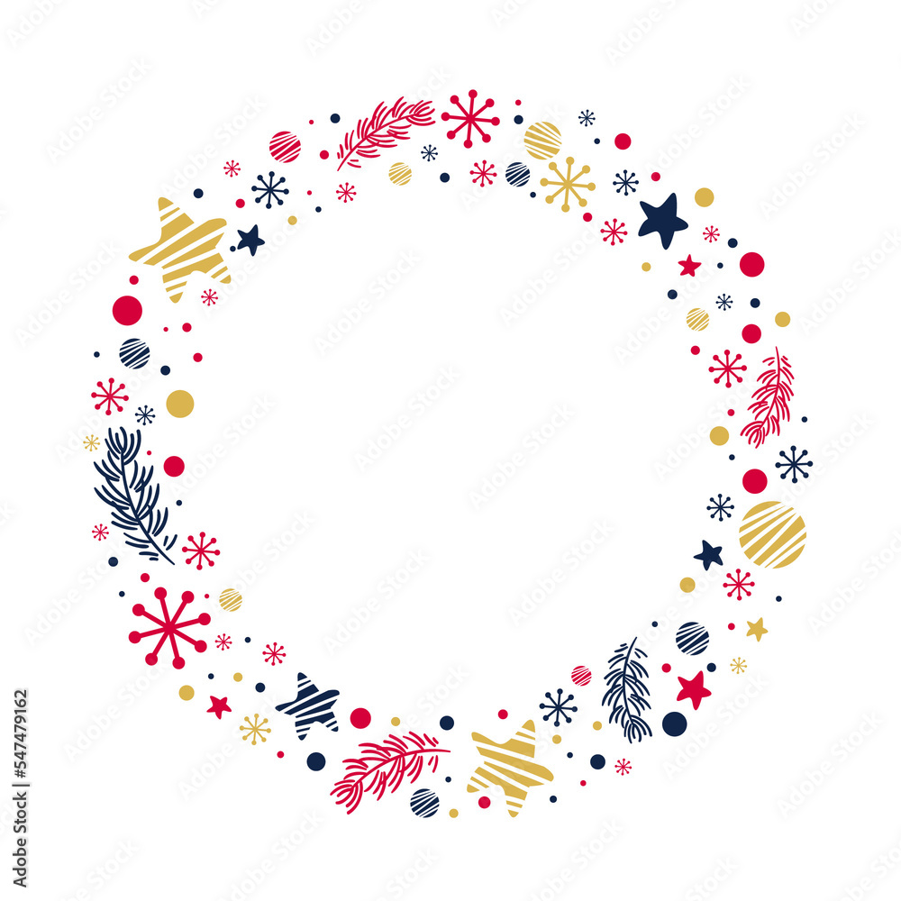 Circle frame with stars, snowflakes, confetti, spruce branch. Merry Christmas doodle illustration on transparent background Circle frame with stars, snowflakes, confetti, spruce branch. Merry Christmas doodle illustration on transparent background