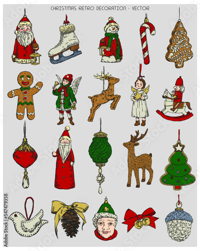 set of hand drawn christmas retro elements