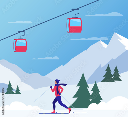 Ski resort snow mountain landscape, skiers on slopes, ski lifts. Winter landscape with ski slope covered with snow, trees and mountains on background. Cartoon flat vector illustration.