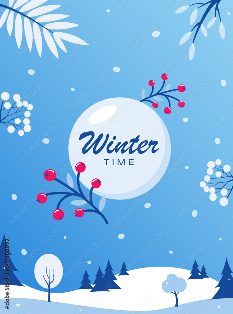 Winter time. Winter social network banner template. Flyer with winter landscape snowy background. Vector illustration.