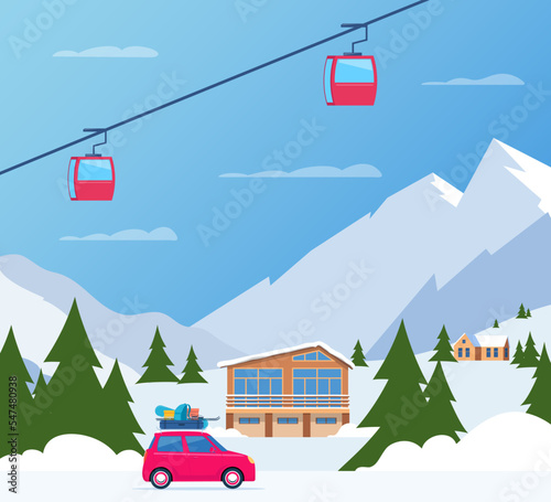 Winter Skiing holiday trip to mountains. Cute small car with ski and snowboard, backpack and suitcase on the roof. Vector illustration.