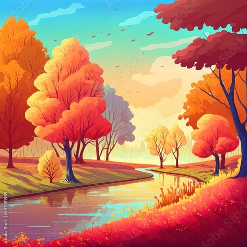Illustration autumn landscape beautiful colored trees. Color in nature. gorgeous view.