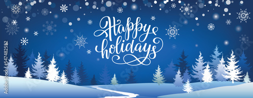 Blue winter background. Merry Christmas postcard template with winter forest and lettering phrase Happy Holidays. Festive banner.